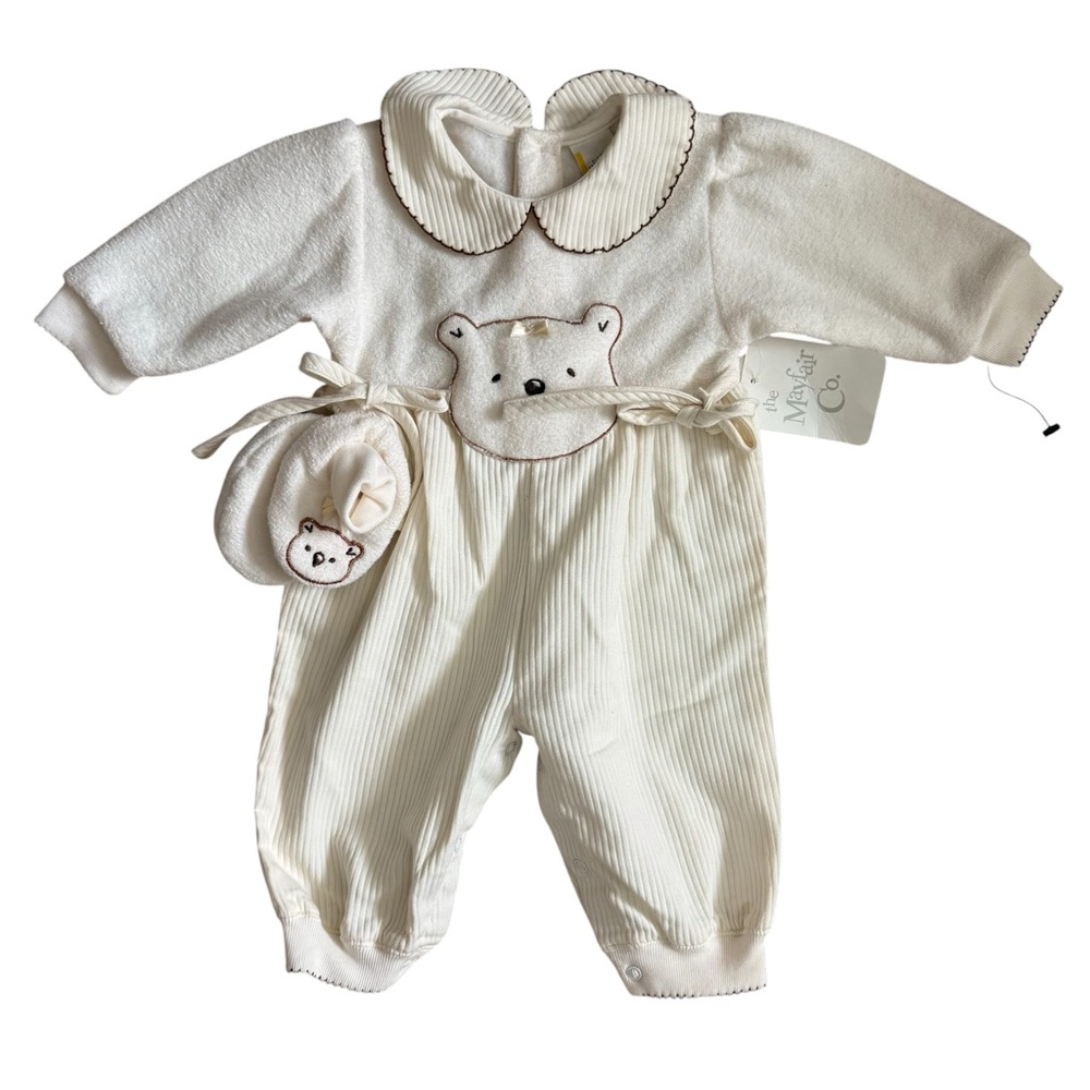 NWT The Mayfair Co. Cream Knit Baby Coverall With matching Booties Size 6-9mos